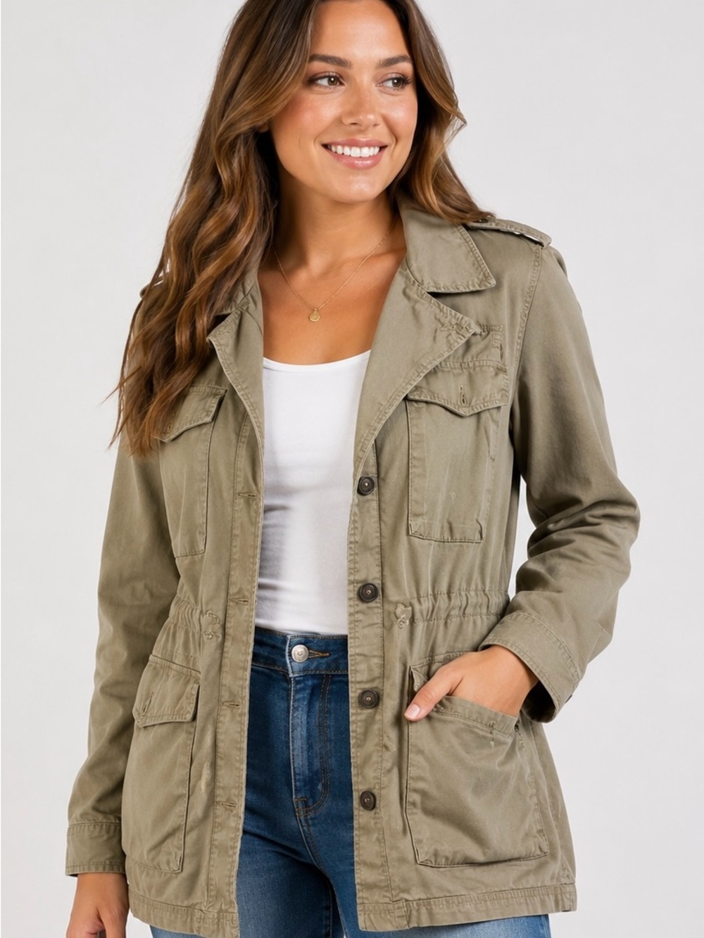 Weatherproof Utility Jacket Size M Khaki 100% Cotton Drawstring Waist